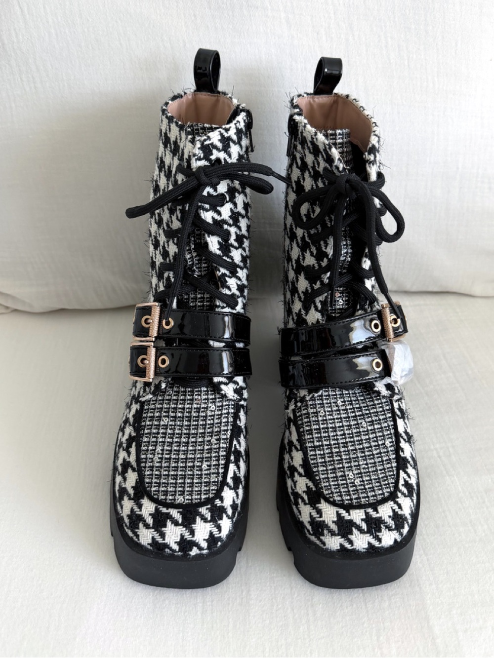 Betsey Johnson Cotton Houndstooth Platform Buckle Boots - Picture 2 of 7